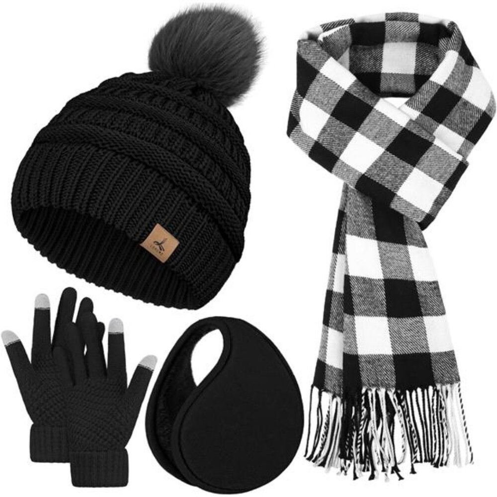 Winter Hat Scarf Gloves and Ear Warmer, Knit Warm Beanie Hat Touch Screen